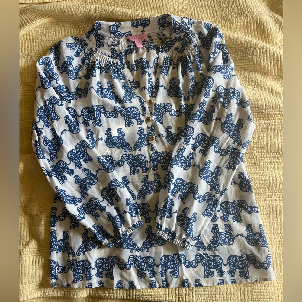 Lilly Pulitzer Silk Elephant Print Blouse XS Blue & White